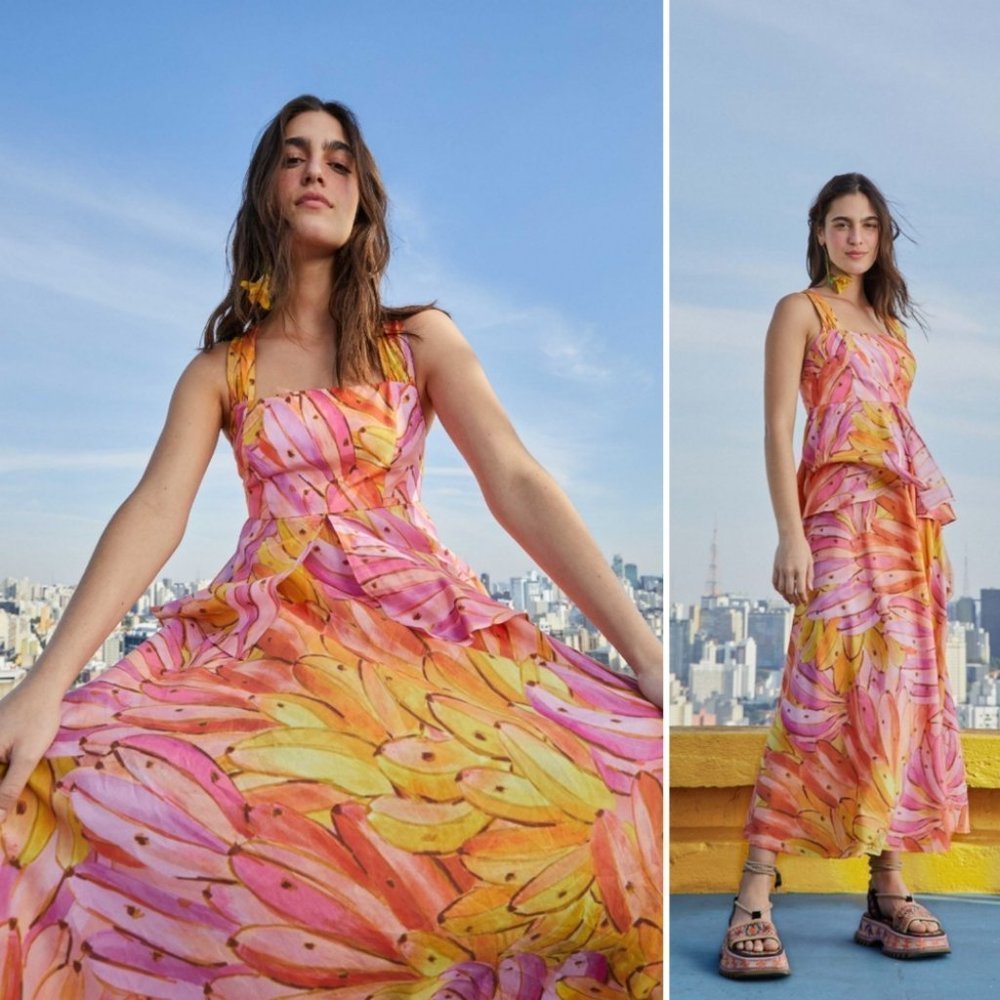 NWT! FARM RIO Pink Ombre Bananas Cross Back Maxi Dress Size Smalll - Picture 5 of 9